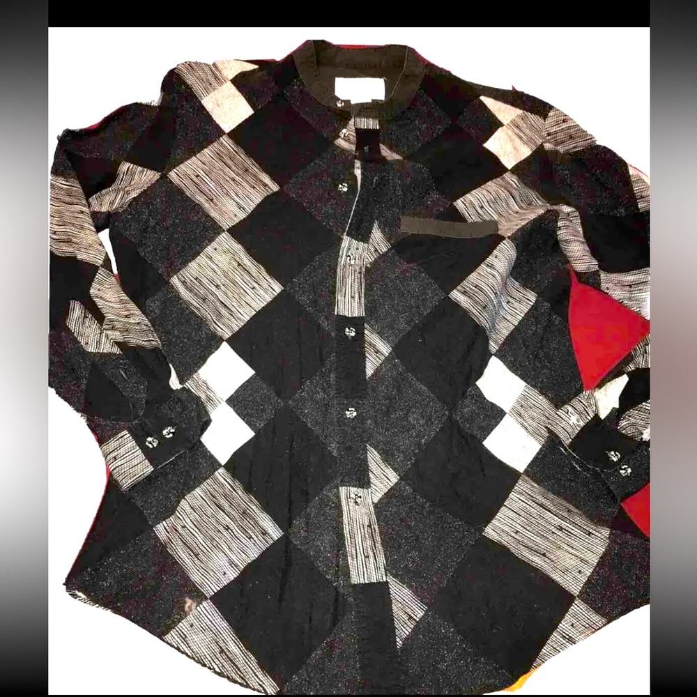 Longhorn Western DIAMOND print Shirt WHITE gray Black Citron Band Collar RODEO L